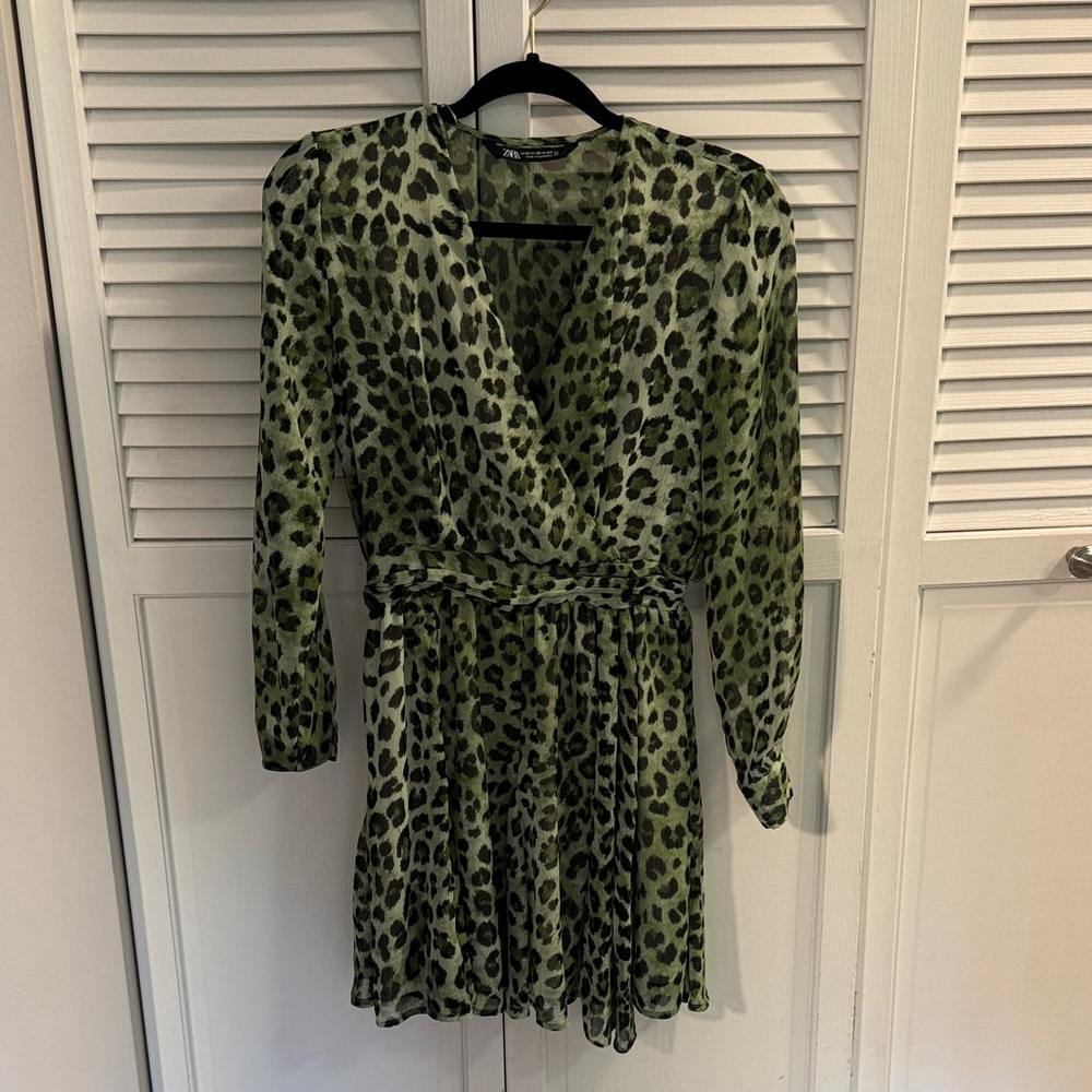 Zara Green Leopard Print Dress Size XS